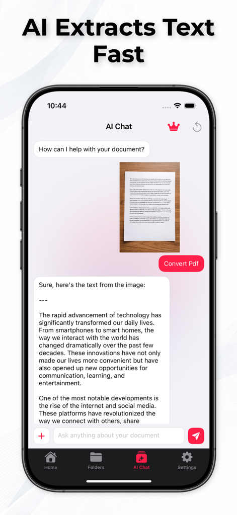 PDF to Word: File Converter AI - A mobile screen showing the AI chat interface extracting text from a photo of a printed document.