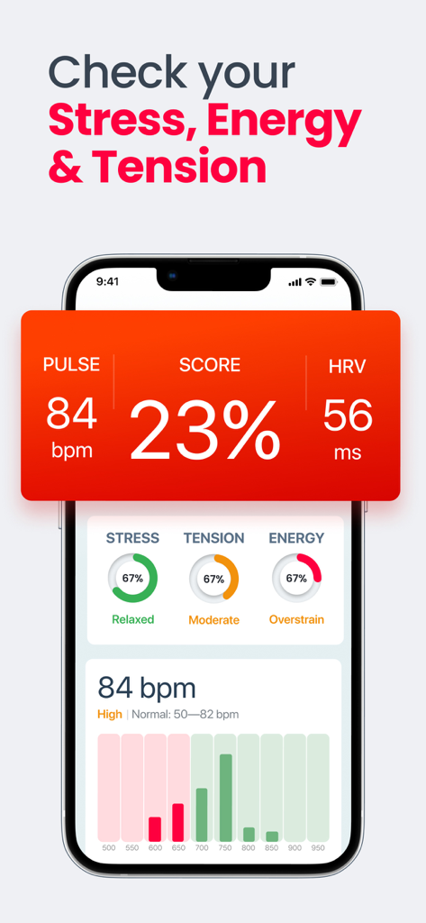 Heartify app dashboard showing pulse, heart rate variability, stress, and energy metrics on a smartphone screen