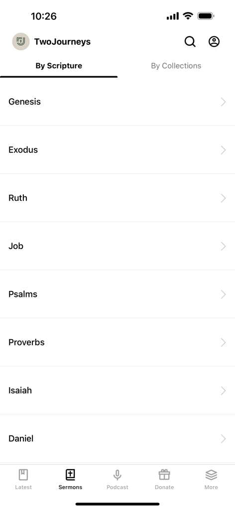 Two Journeys - Two Journeys app interface showing a list of Bible books for sermon selection