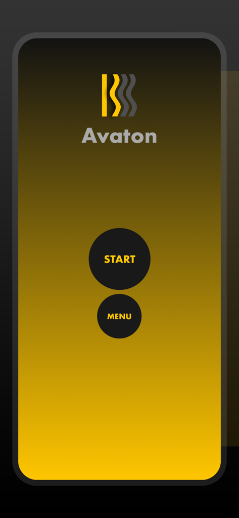 Tela inicial do aplicativo de truque de mágica Avaton com botões de início e menu