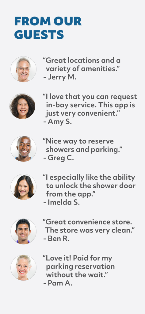 User testimonials for TruckSmart app featuring reviews on shower and parking reservations