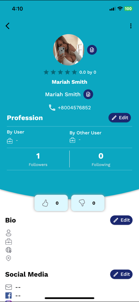 Interfaccia dell'app Infosha che mostra il profilo di una persona con nome e numero di telefono