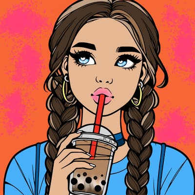 realistic girl with braided hair drinking boba
