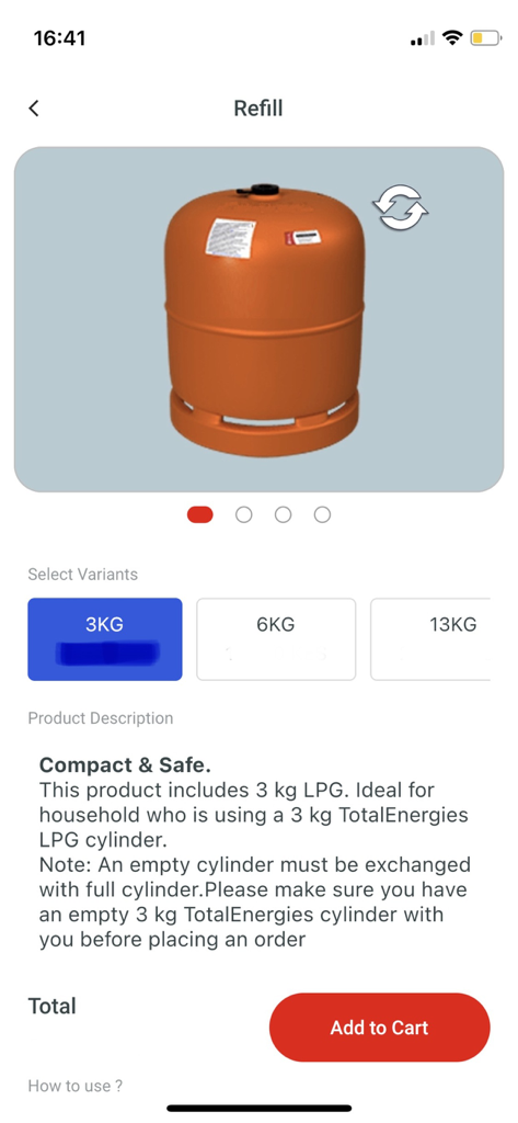 EasyGas Kenya app interface for ordering a 3kg gas refill cylinder