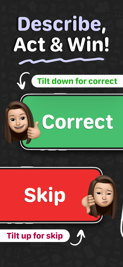Headbands: Charades Game - Tela de jogo de Headbands Charades mostrando controles de inclinação para marcar palavras como corretas ou pular