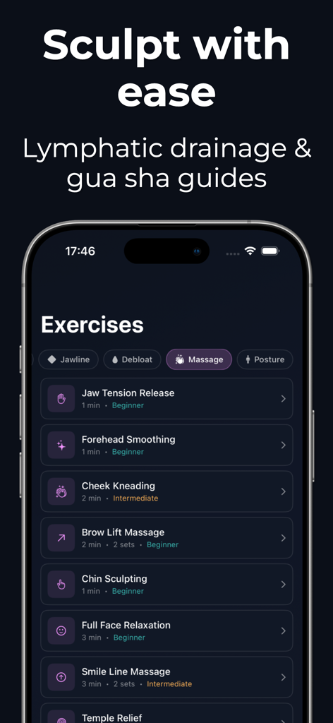 Jawliner: Debloat & Sculpt Jaw - Pantalla de la aplicación Jawliner que muestra una lista de ejercicios de masaje para esculpir el rostro y drenaje linfático, como esculpido de mentón y amasado de mejillas.