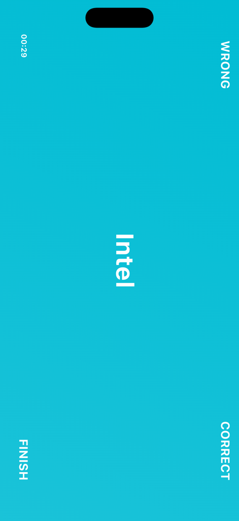 Act & Guess - Charades - Gameplay screen of Act and Guess Charades app showing the word Intel on a teal background with game controls.