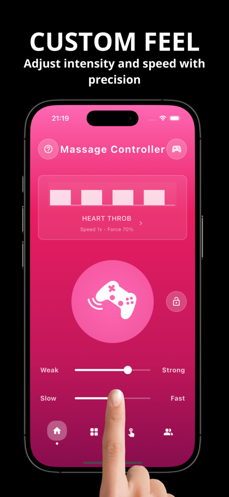 Smartphone app screen showing custom vibration intensity and speed sliders for a gaming controller