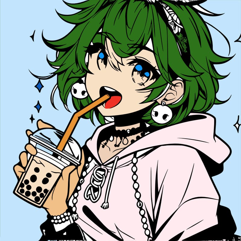 hot baddie anime girl drinking boba and biting the straw