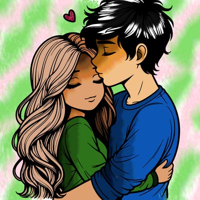 a realistic couple boy and girl hugging and kissing