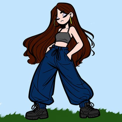 girl in baggy pants crop top and long hair