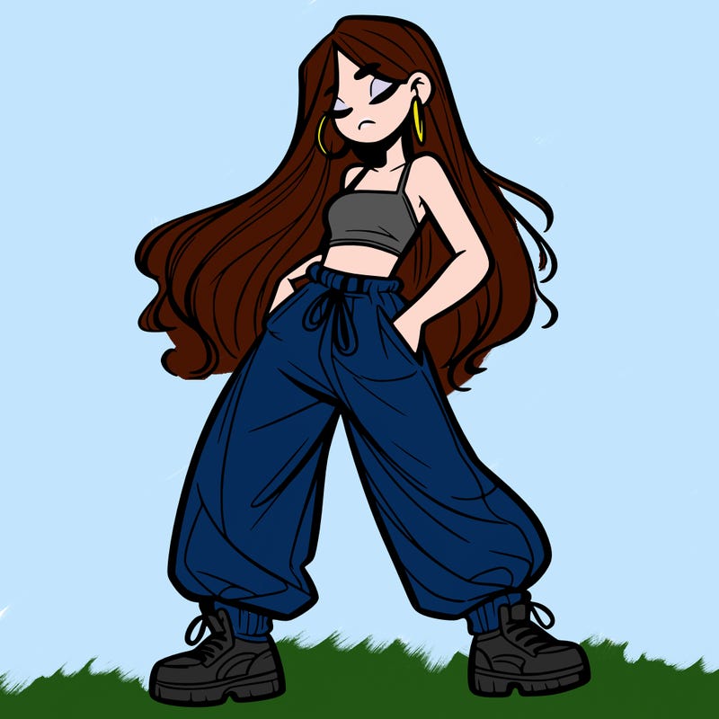 girl in baggy pants crop top and long hair