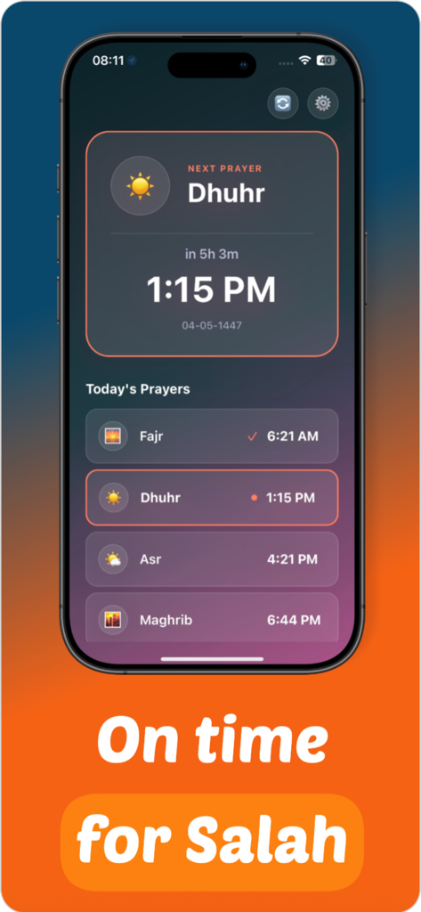 Pray Screen Time - Quran Focus - Screenshot of the Pray Screen Time app interface showing the daily prayer schedule and the next prayer countdown for Dhuhr