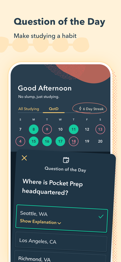 Pocket Prep EMS 2026 - Pocket Prep EMS app screen showing the Question of the Day feature with a study streak calendar and multiple choice question