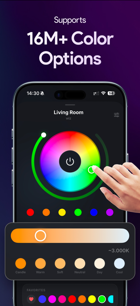 LED Light Controller & Remote - A hand using a color wheel in the LED Light Controller app to choose from 16 million color options