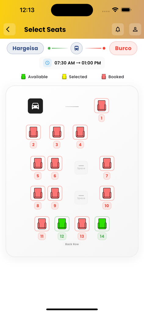 Sahal Transport - Bus seat selection interface in the Sahal Transport app showing available and booked seats for a trip from Hargeisa to Burco