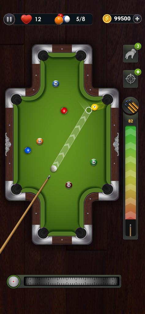 Billiards City - 8 Ball Pool - Gameplay screenshot of Billiards City 8 Ball Pool showing a cross shaped table with an aim guide for a shot