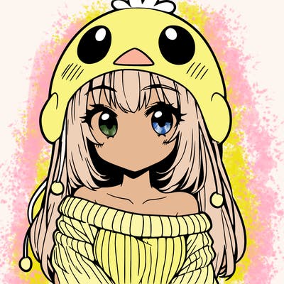 anime girl with chick shaped hat with sweater with bare shoulders with bangs covering them one eye with low tail