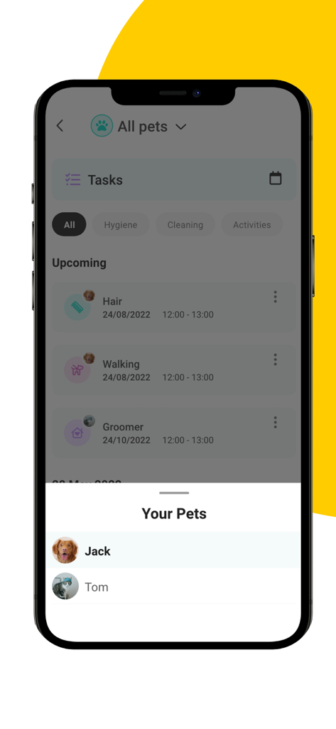 11pets: Pet Care - Interface of the 11pets app showing a care schedule and a list of pet profiles
