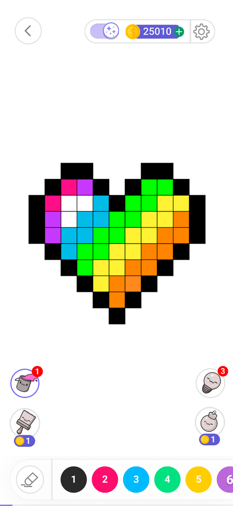 Rainbow colored pixel art heart in a color by number mobile game interface.