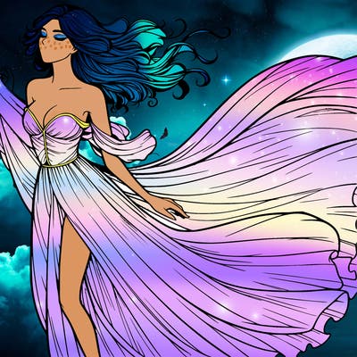 realistic woman in dress flowing the the wind