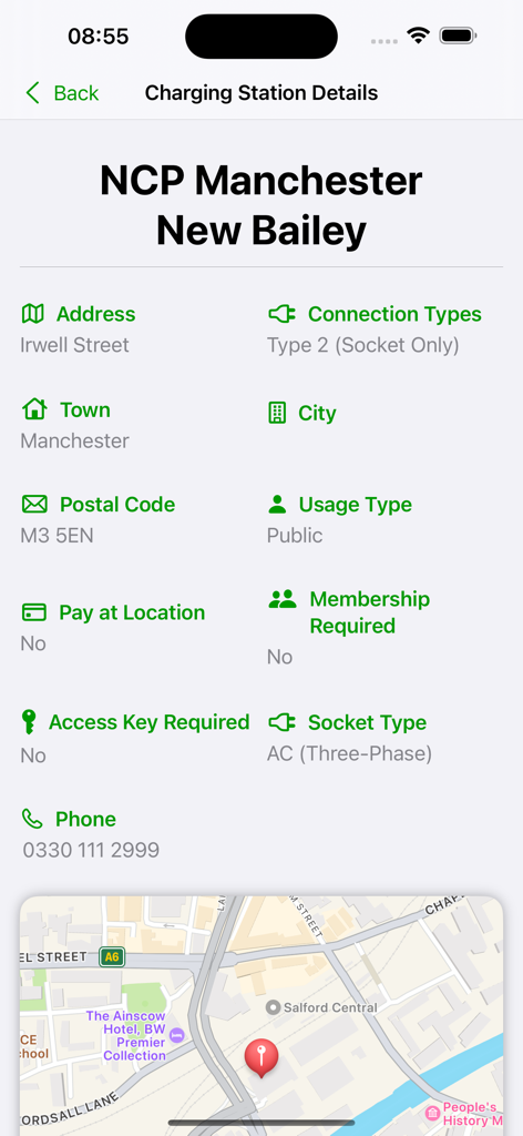 ChargeEV - Información detallada de una estación de carga de VE en la aplicación ChargeEV, incluyendo el mapa y los tipos de conexión