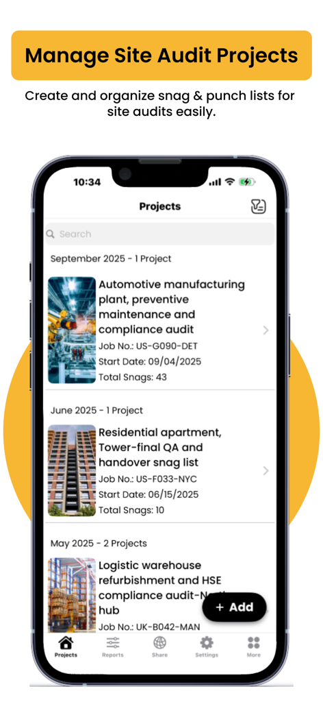 SnagBricks app screen showing a list of site audit and snagging projects.