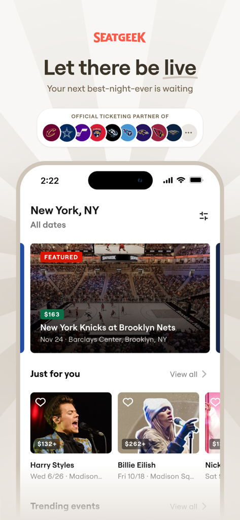 SeatGeek - Buy Event Tickets - SeatGeek mobile app home screen showing ticket listings for sports and concerts