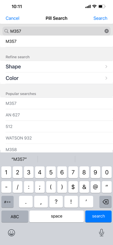 Pill Identifier by Drugs.com - The search screen of the Pill Identifier app showing an imprint search for M357 with options to refine by shape and color.