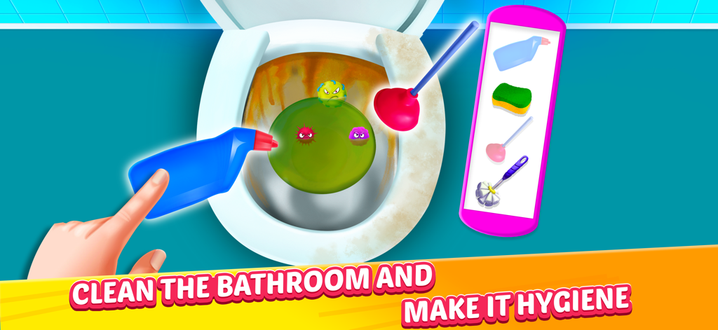 Gameplay screenshot of House Cleanup game showing a child cleaning a dirty toilet with detergent and a plunger