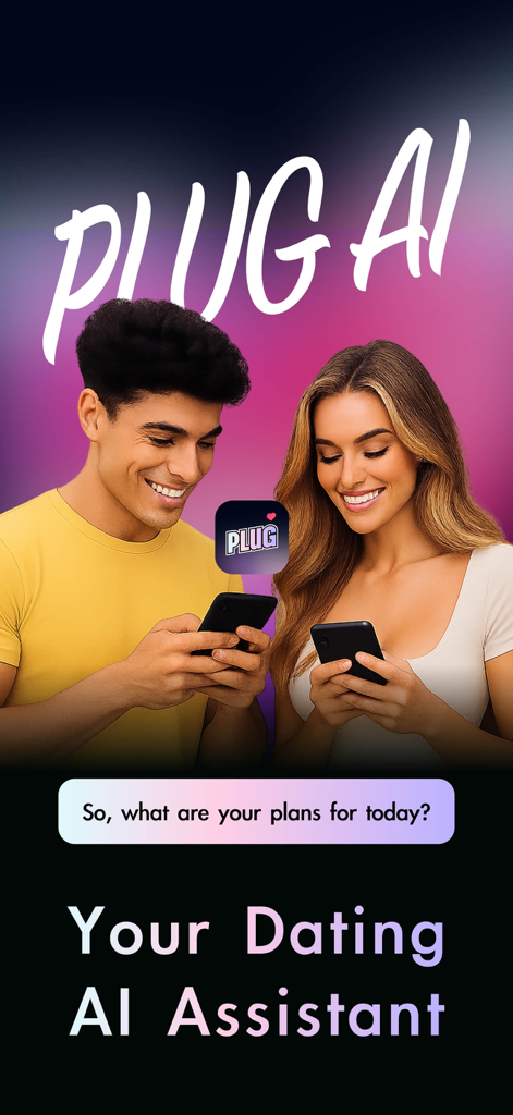 Plug AI - AI Dating Assistant - Um homem e uma mulher jovens sorrindo enquanto usam seus telefones com o logotipo e o texto do assistente de namoro Plug AI.