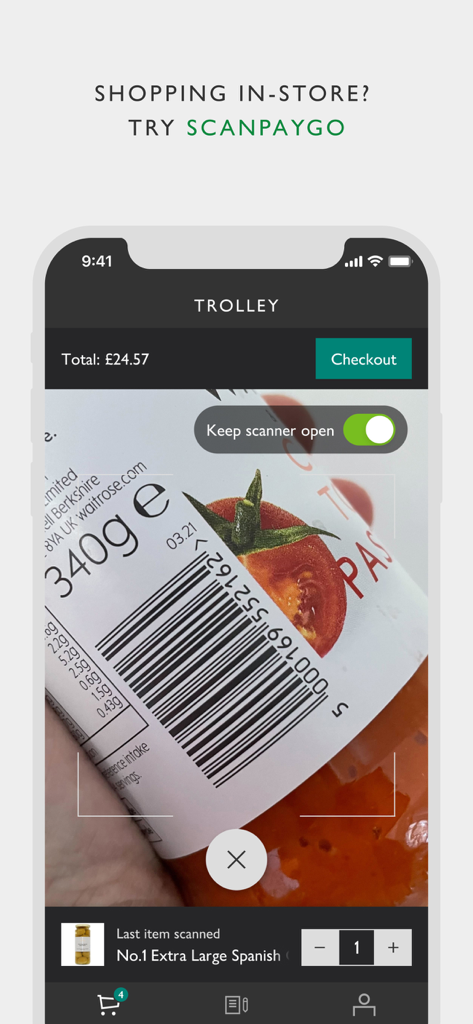 Waitrose app ScanPayGo feature scanning a product barcode for in-store shopping
