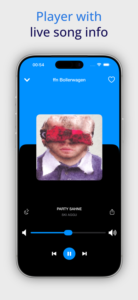 Schermata dello smartphone che mostra il lettore dal vivo dell'app Radio Tedesca Online con informazioni su artista e brano