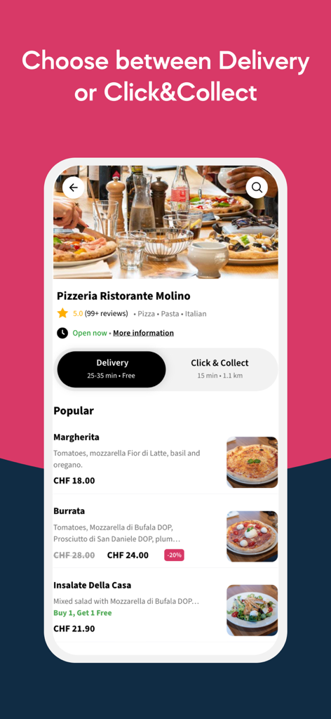 Smood, the Swiss Delivery App - Smood app interface showing restaurant menu and options to choose between delivery and click and collect