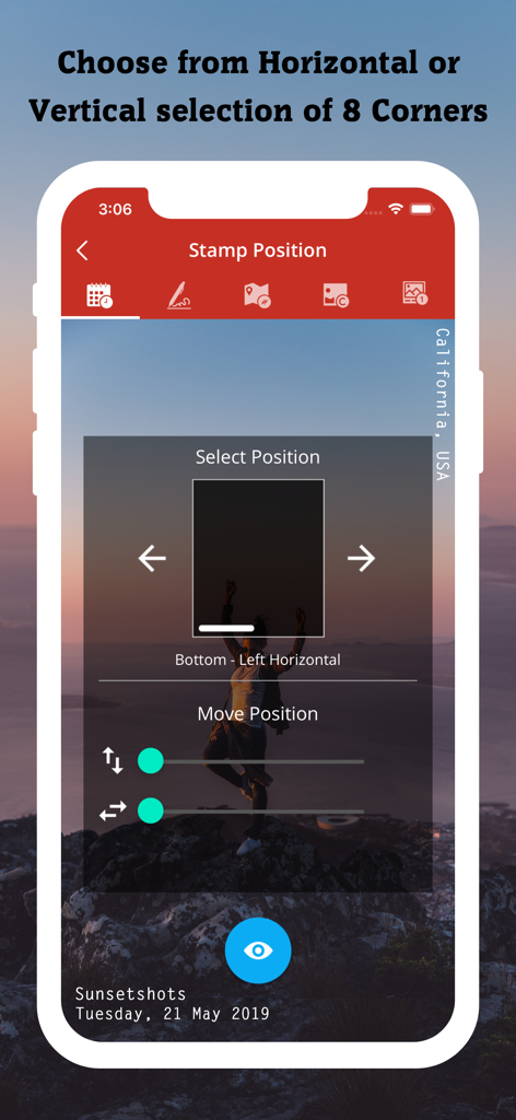 Auto Date Stamper for Photo - Interfaz que muestra opciones de ajuste de posición de sello para marcas de agua fotográficas