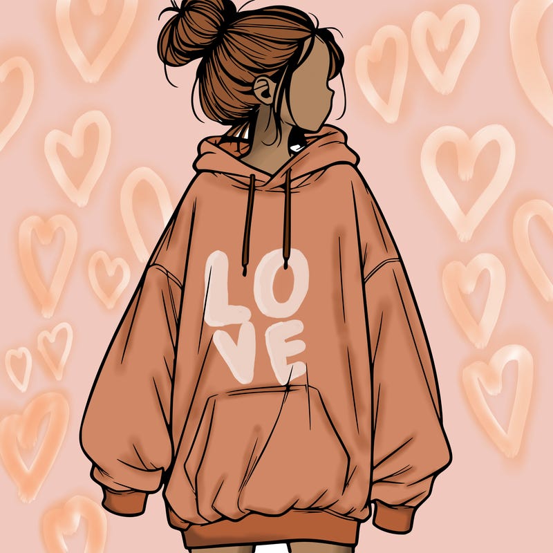 realistic girl with a oversized sweatshirt on and a bun