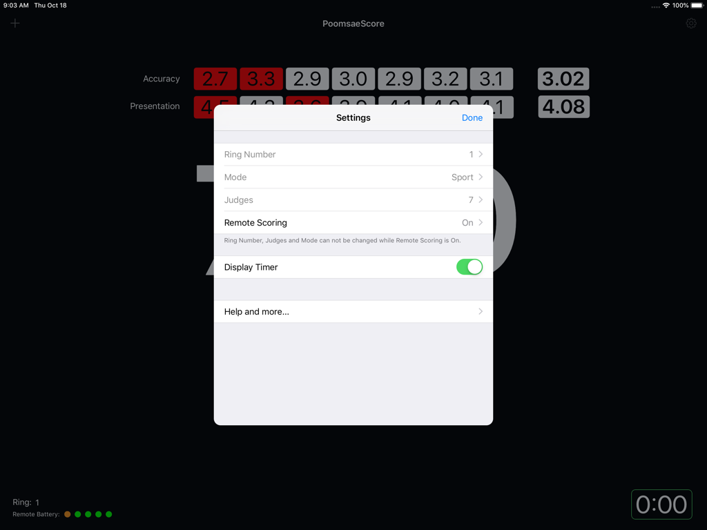 PoomsaeScore - PoomsaeScore app settings showing ring number and judge configuration