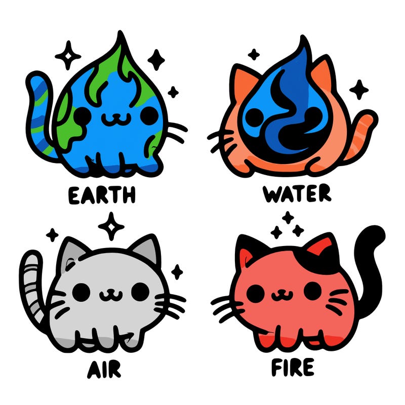 4 cats that represent the different elements, earth, water, air, and fire