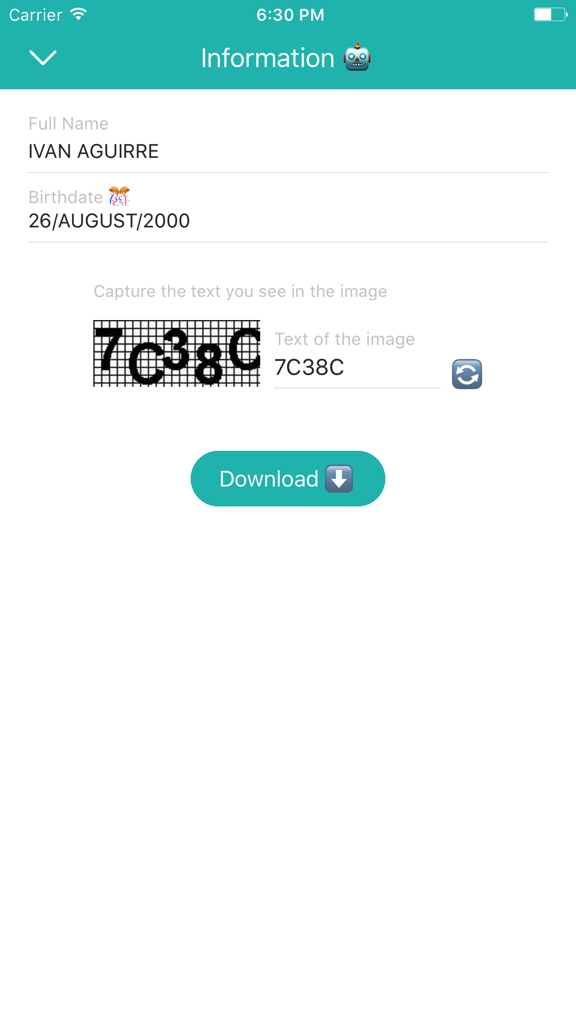 CurpBot - Download your CURP - CurpBot app interface for entering personal details and solving a captcha to download a document