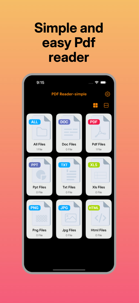 iPhone上で整理されたPDF、Word、Excel、画像のファイルカテゴリが表示されたPDF Reader-simpleアプリのメインインターフェース