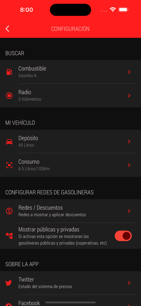 Configuration menu of the Gasolineras de Espana app in dark mode showing vehicle and discount settings