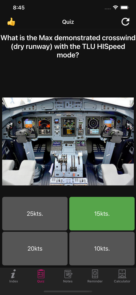 Quiz screen of the ATR 72 Simulator Checklist app featuring an aviation technical question and a cockpit view