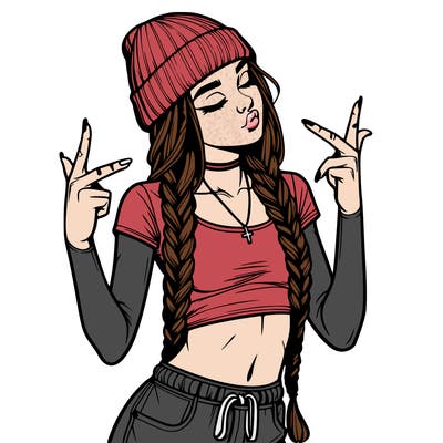 realistic teenage girl with braids and a beanie and crop top doing 🫶🏼