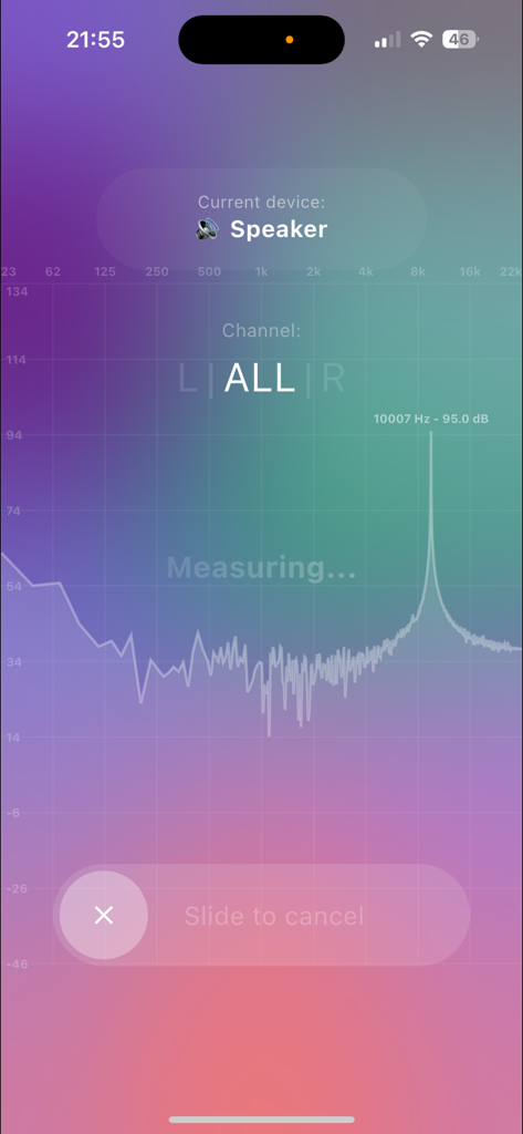 Frequency measurement screen in Speaker Wizard showing audio spectrum analysis