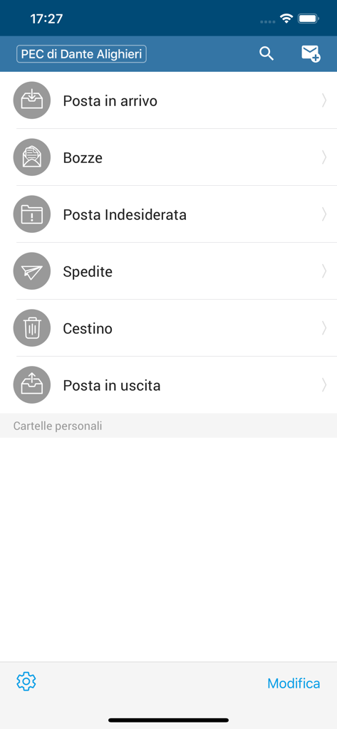 Legalmail app interface showing the certified email folder menu with options for Inbox, Drafts, and Sent mail.