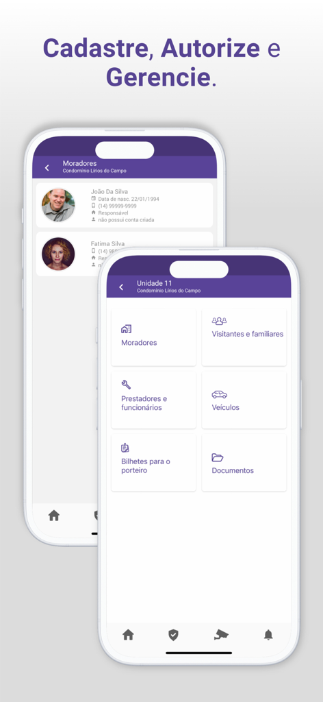 Screenshot of the Condfy app showing tools for managing residents, visitors, and service providers in a condominium.