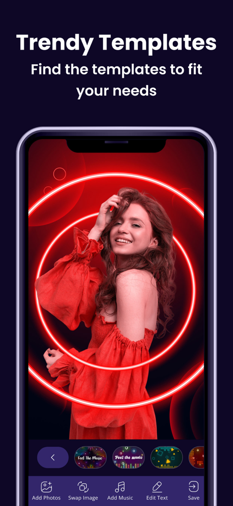 MBit: Reels & Video Templates - MBit 앱 인터페이스에 네온 빨간색 원 효과와 음악 편집 옵션이 있는 트렌디한 비디오 템플릿 표시