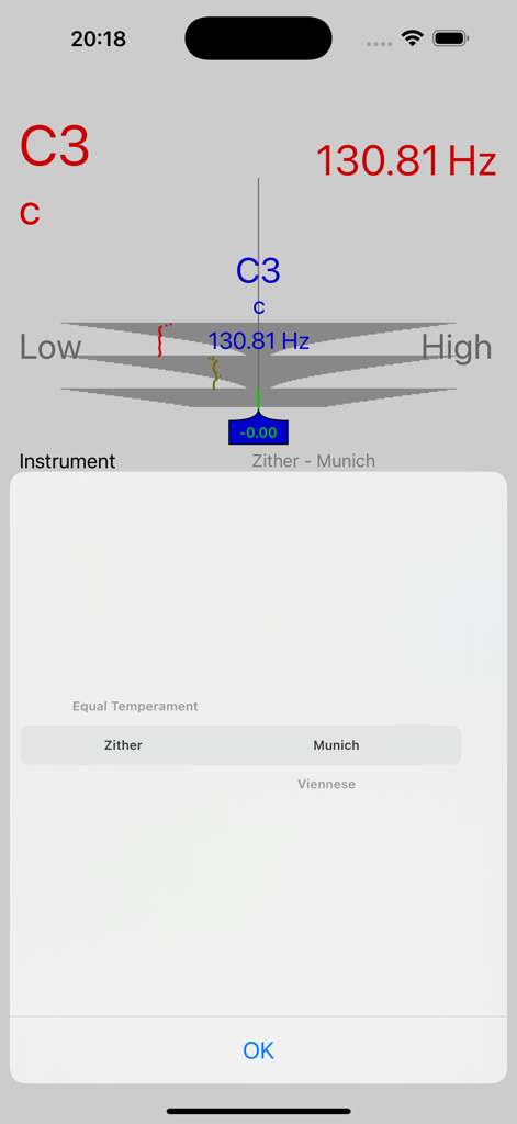 ツィターチューナーアプリのデジタルインターフェースに、C3ノートの周波数130.81Hzと、さまざまなツィタータイプを選択する楽器選択メニューが表示されています
