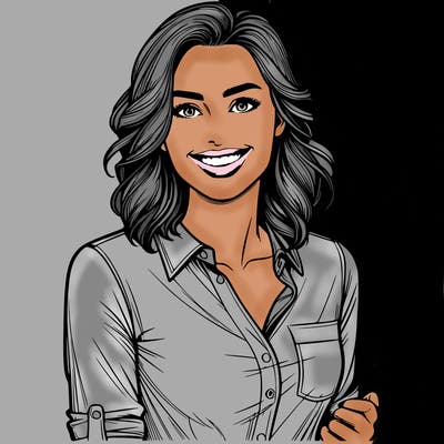 realistic woman with a beautiful smile wearing a button down shirt