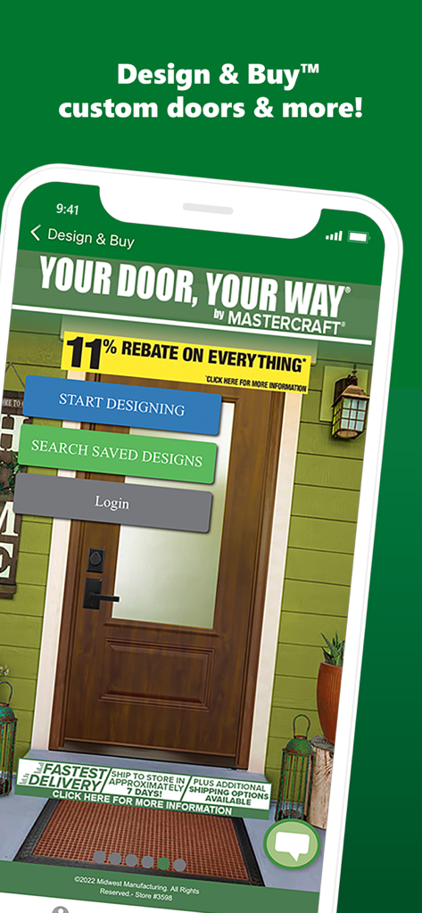 Menards® - Menards app screen for designing and buying custom doors with a rebate offer.